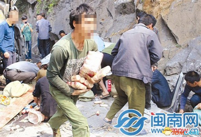 福建一运送酸奶货车侧翻 市民哄抢：不抢的是傻子
